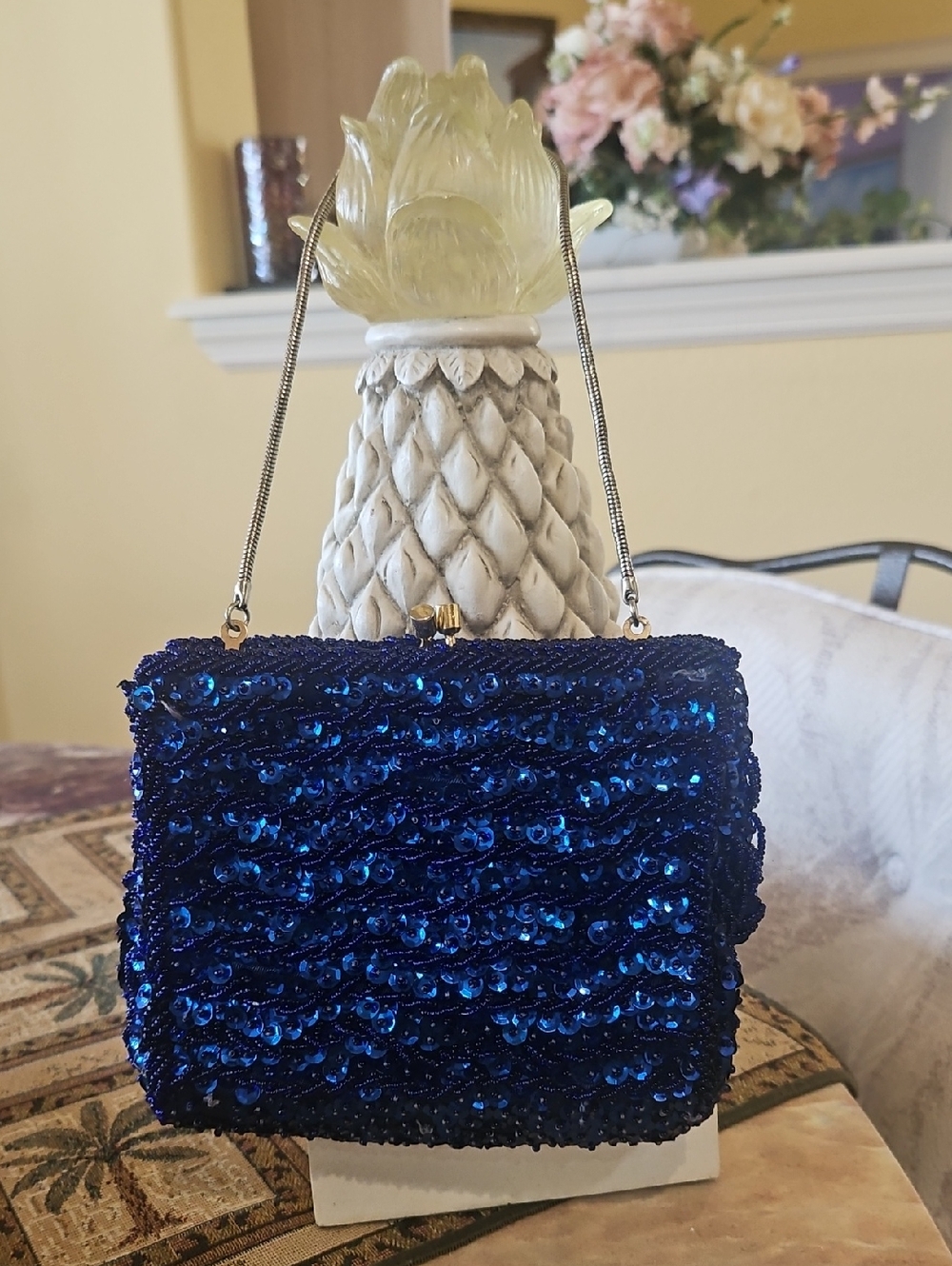 Vintage Sequin & Beaded  Evening Bag Nice Satin Clean Lining Pouch ROYAL BLUE